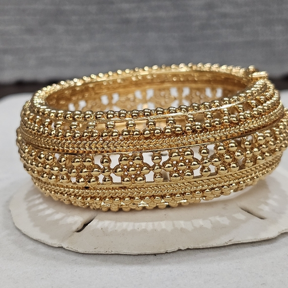 Golden Hinged Domed Cuff Bracelet with Safety Clasp Ornate Heavy - Picture 2 of 16